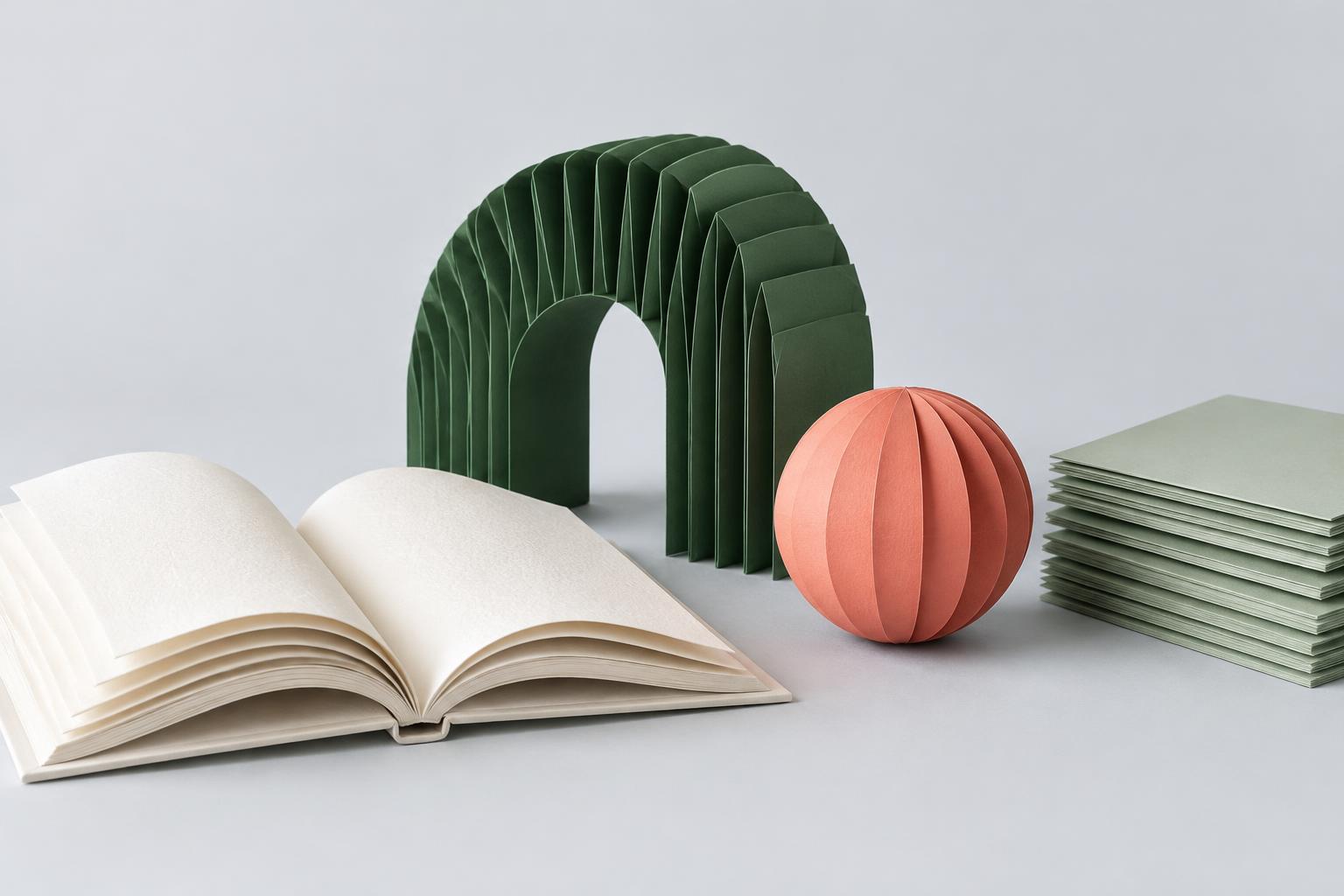 An open book and sculptural paper forms in green and coral